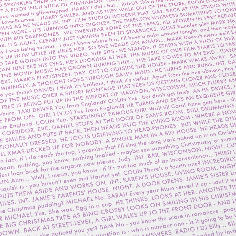 Close-up detail of the Love Actually movie script poster showing dense typographic text.