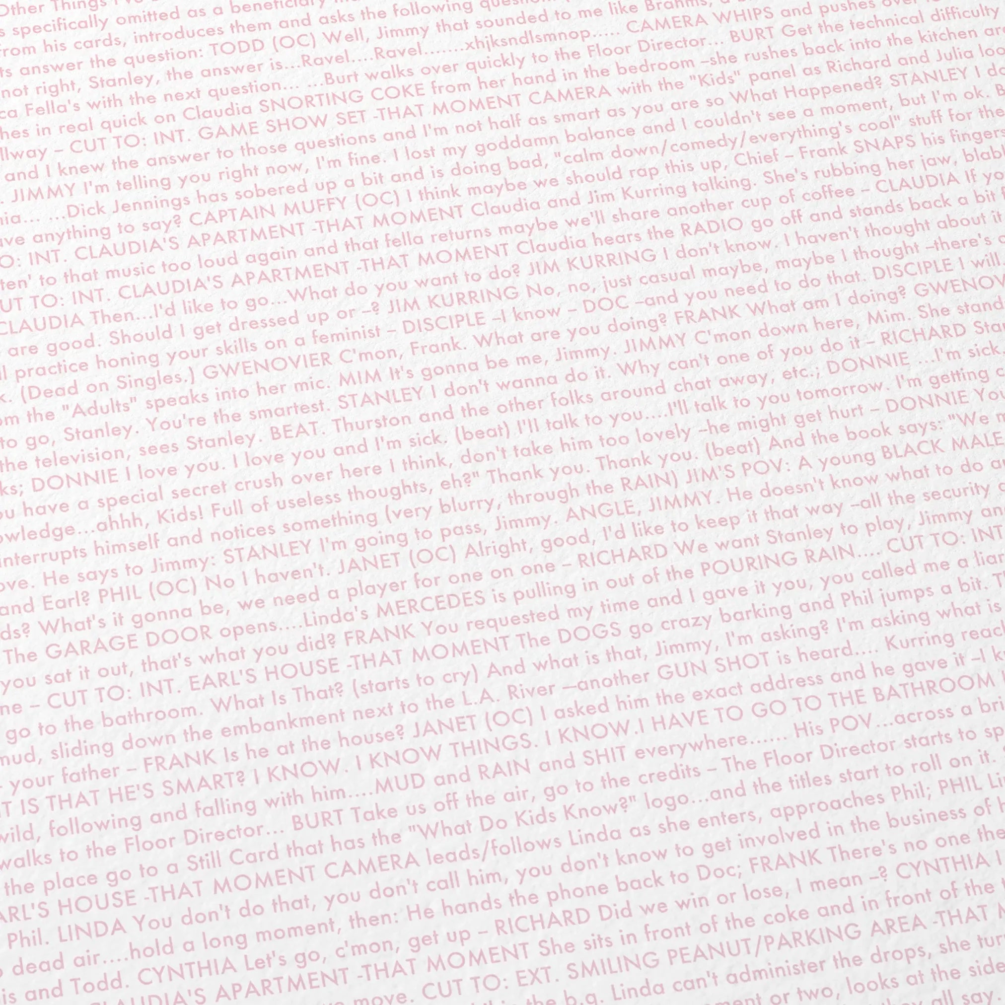 Close-up detail of the Magnolia movie script poster showing dense typographic text.