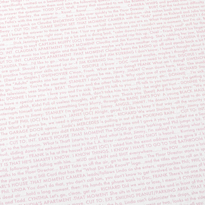 Close-up detail of the Magnolia movie script poster showing dense typographic text.