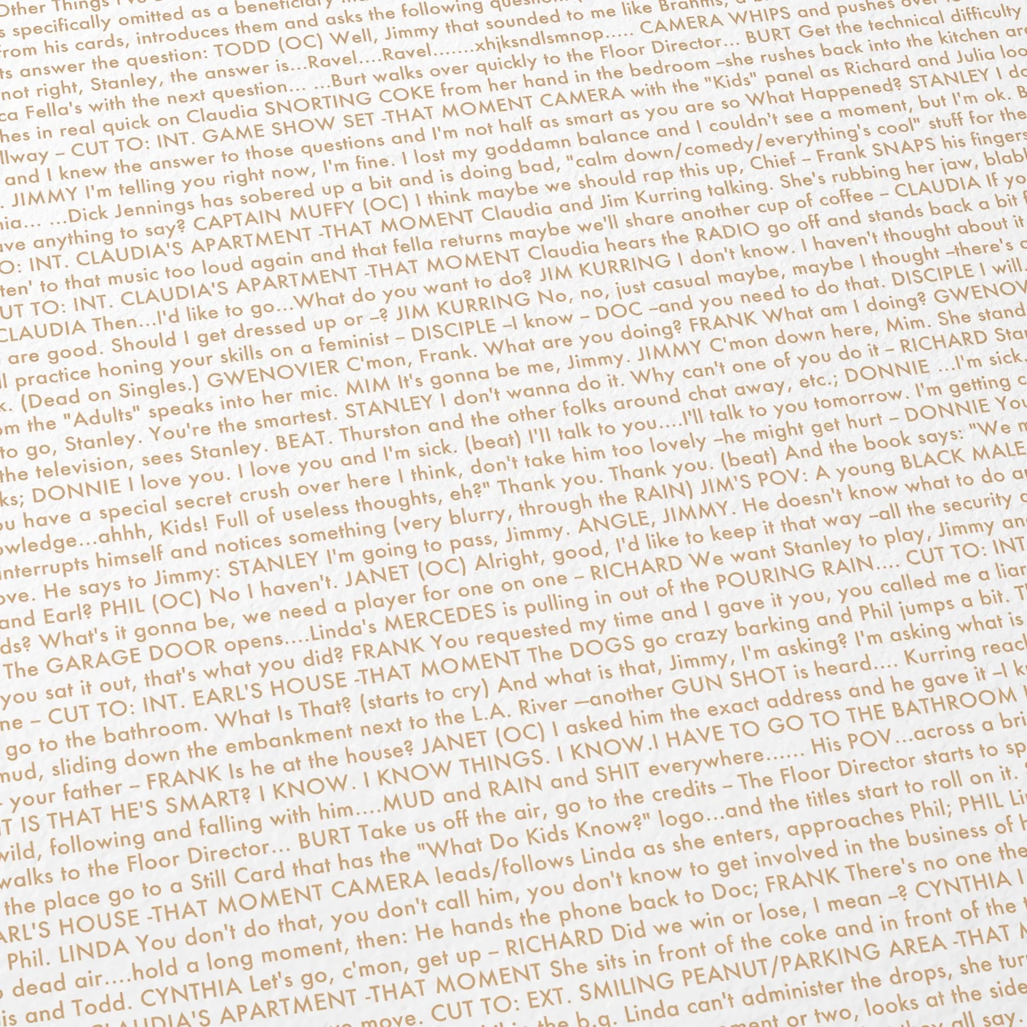 Close-up detail of the Magnolia movie script poster showing dense typographic text.