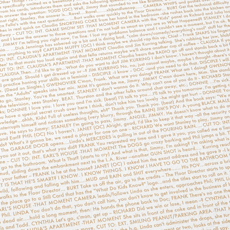 Close-up detail of the Magnolia movie script poster showing dense typographic text.