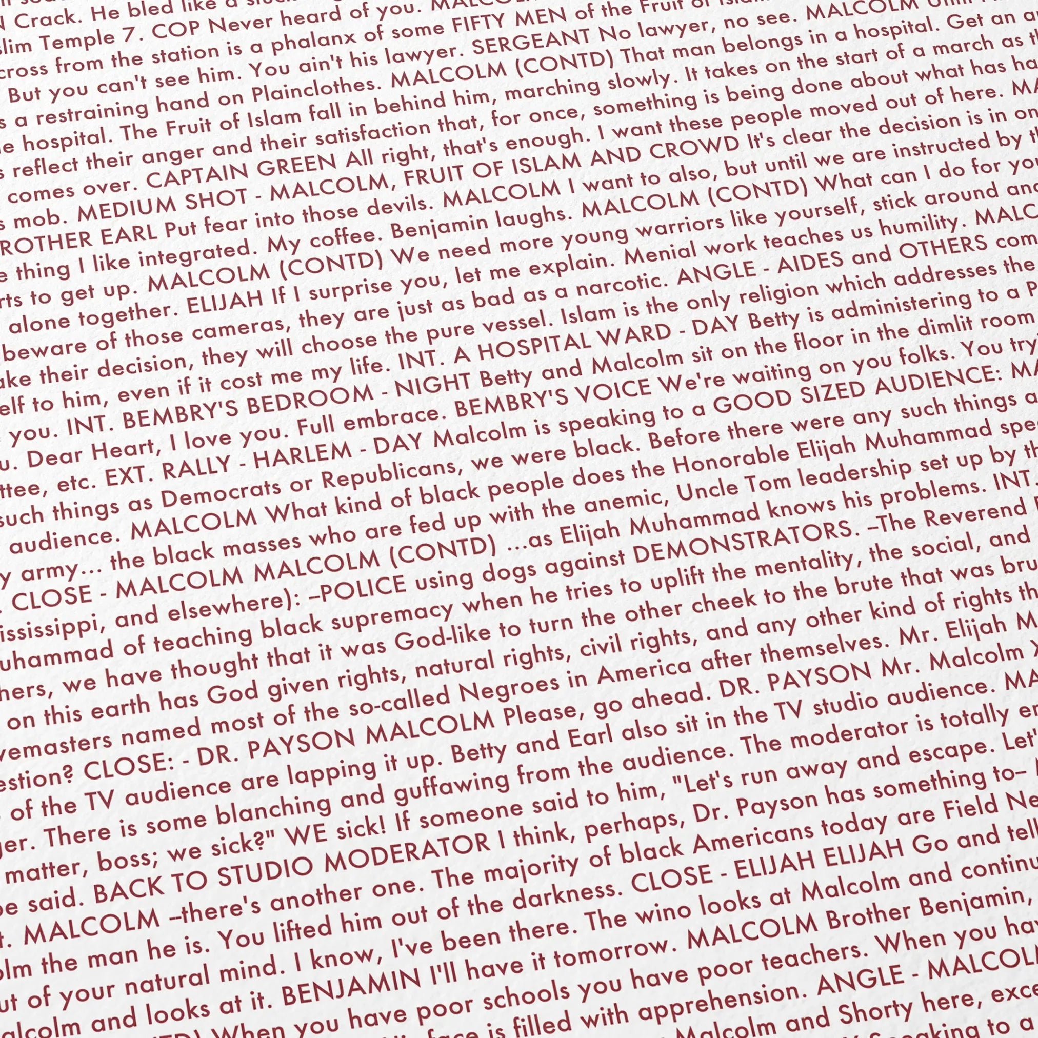 Close-up detail of the Malcolm X movie script poster showing dense typographic text.
