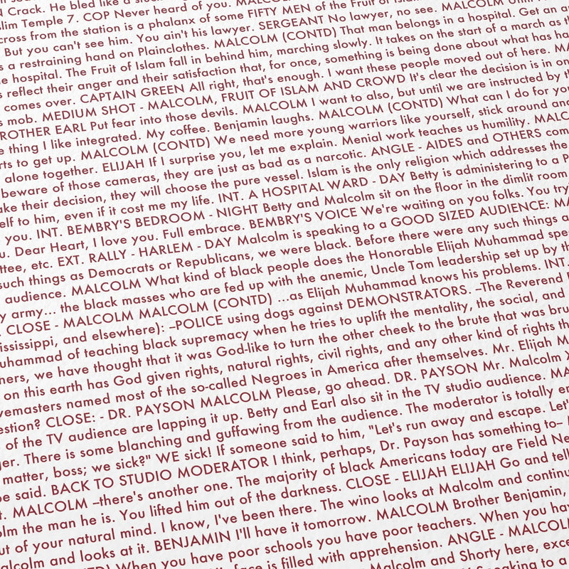 Close-up detail of the Malcolm X movie script poster showing dense typographic text.