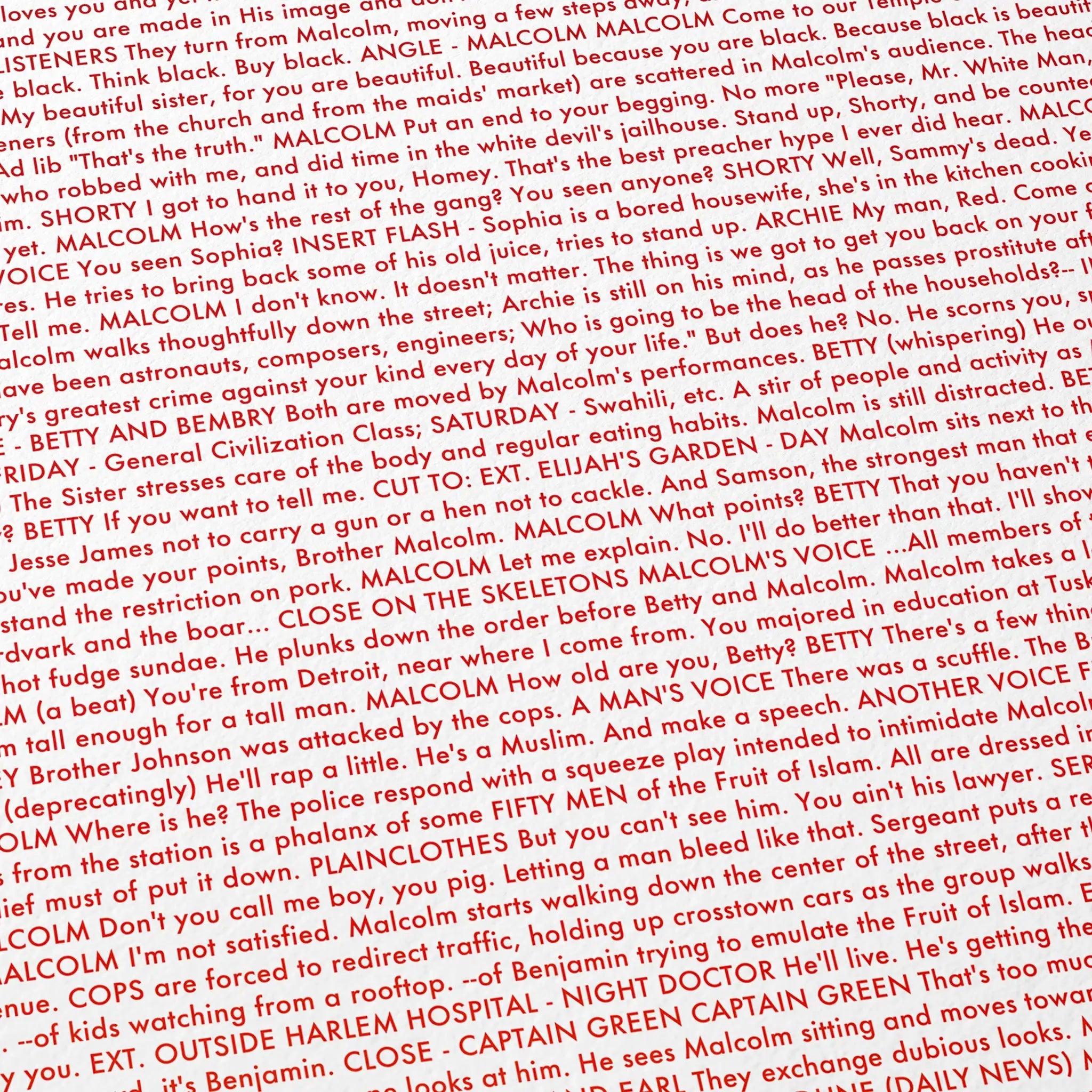 Close up detail of a Malcolm X poster showing the screenplay.