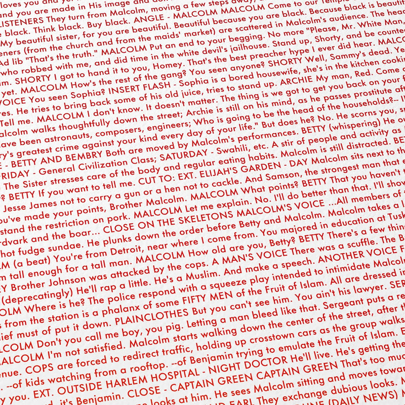Close up detail of a Malcolm X poster showing the screenplay.