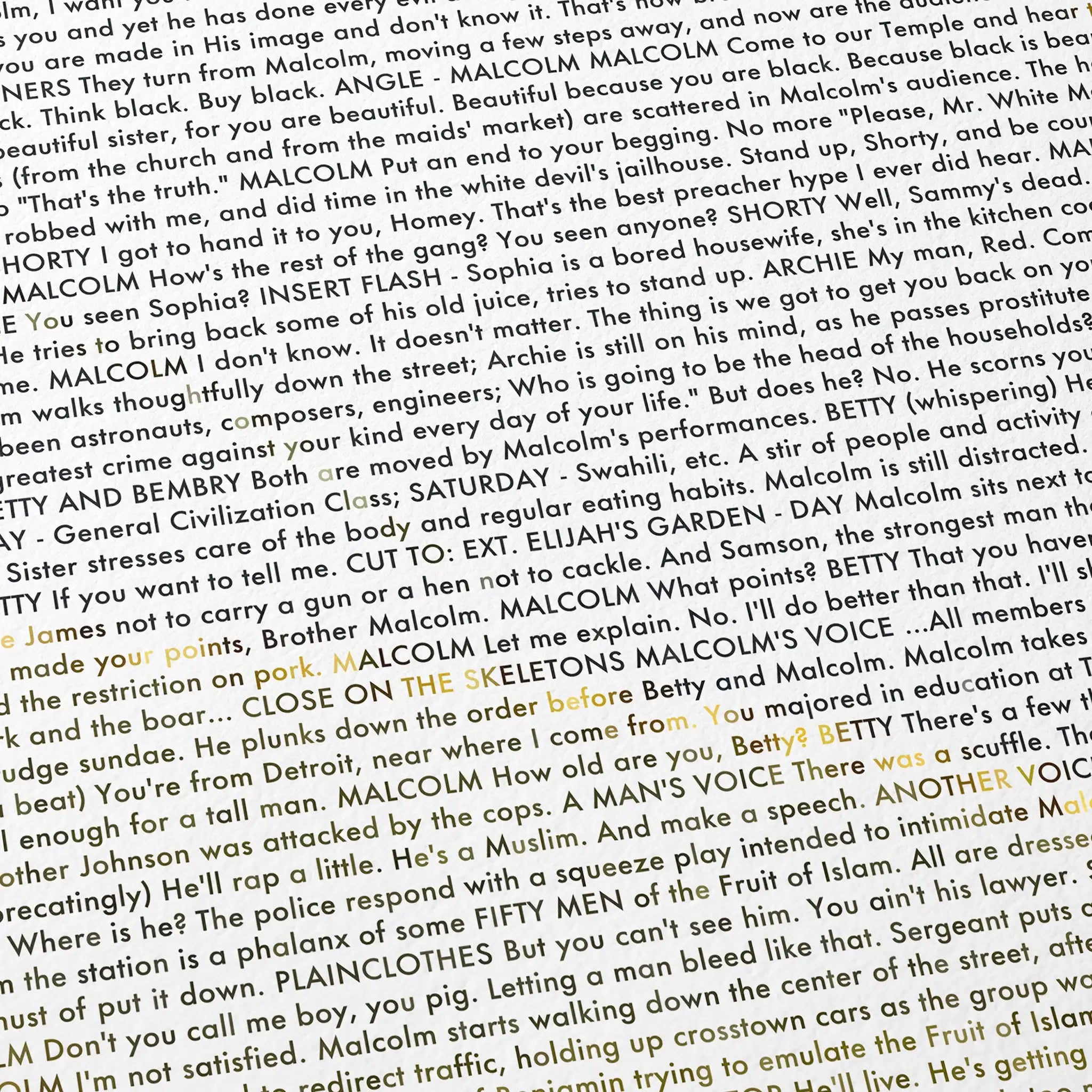 Close up detail of a Malcolm X film poster showing the screenplay.