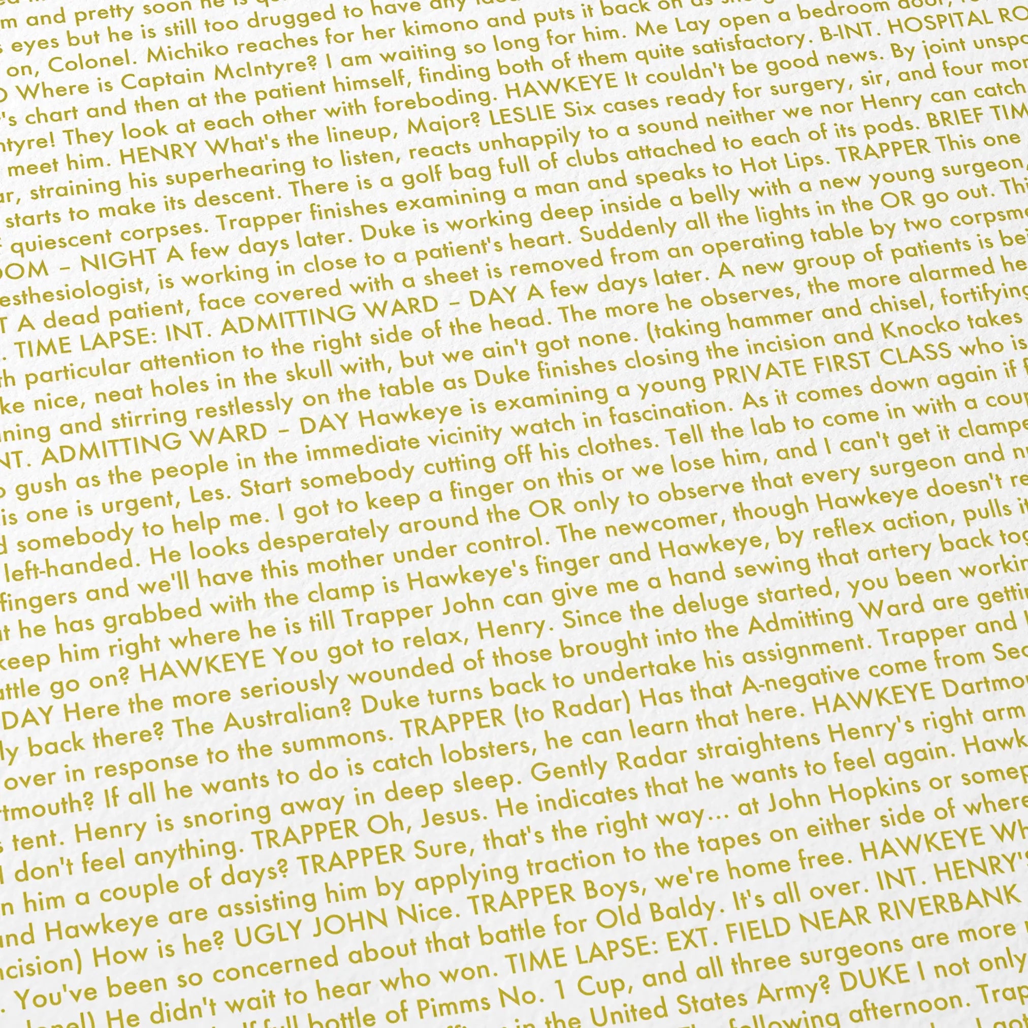 Close-up detail of the M*A*S*H movie script poster showing dense typographic text.