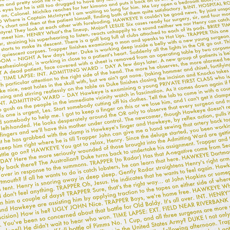 Close-up detail of the M*A*S*H movie script poster showing dense typographic text.
