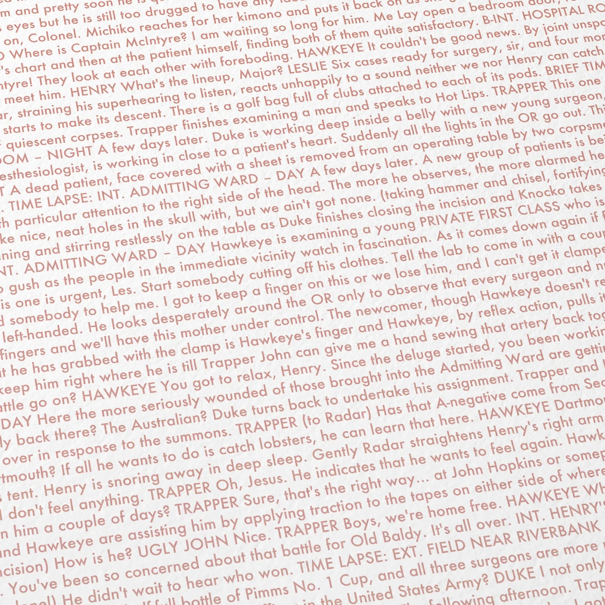 Close-up detail of the M*A*S*H movie script poster showing dense typographic text.