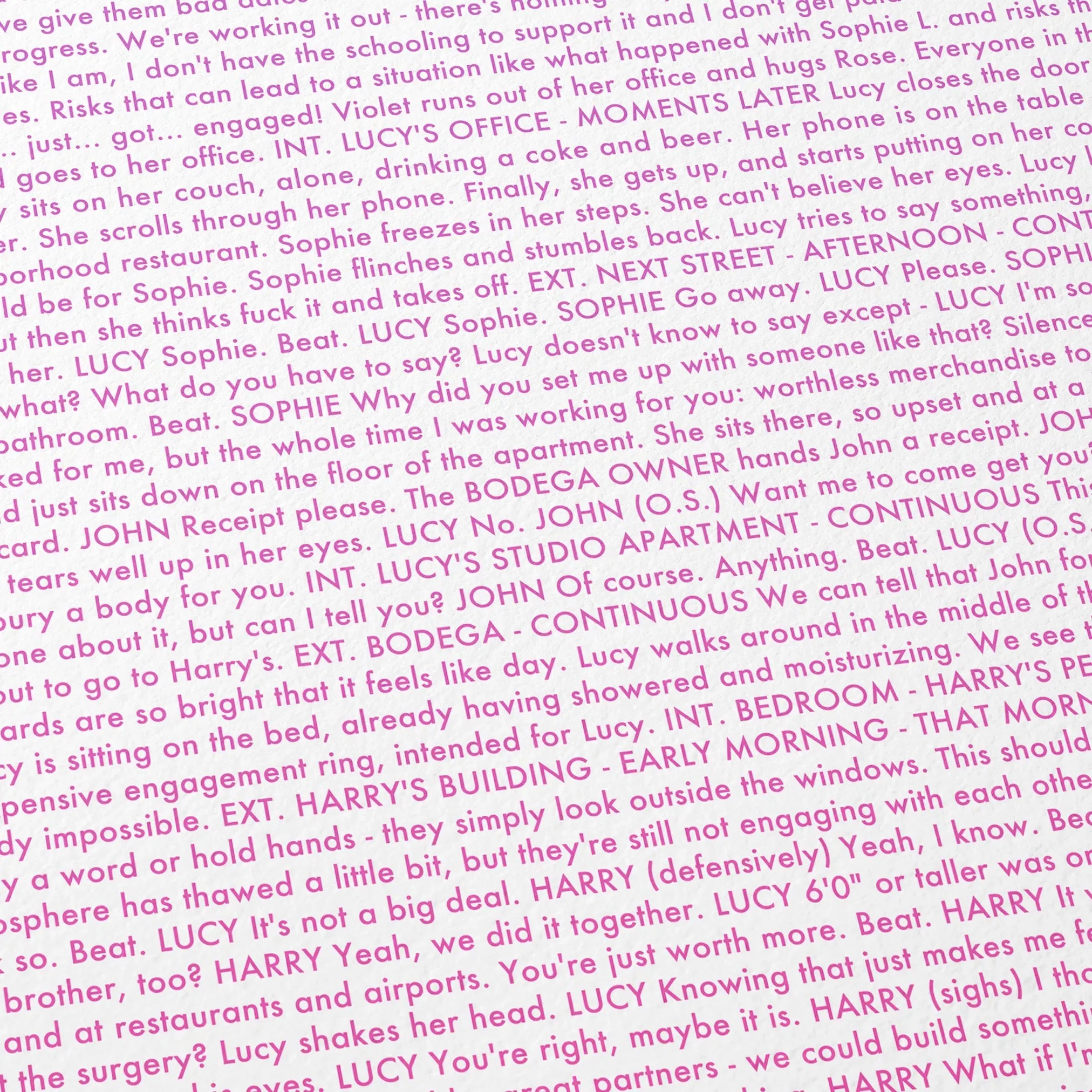 Close-up detail of the Materialists movie script poster showing dense typographic text.