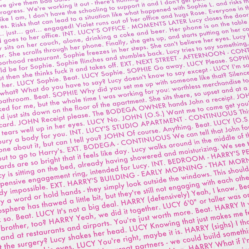 Close-up detail of the Materialists movie script poster showing dense typographic text.