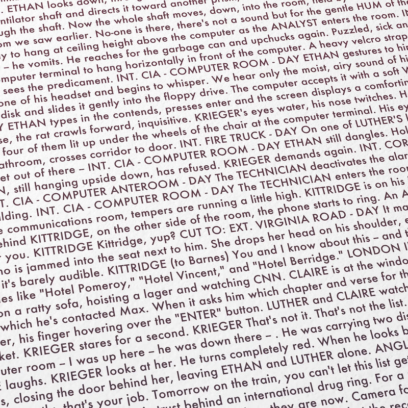 Close-up detail of the Mission: Impossible movie script poster showing dense typographic text.