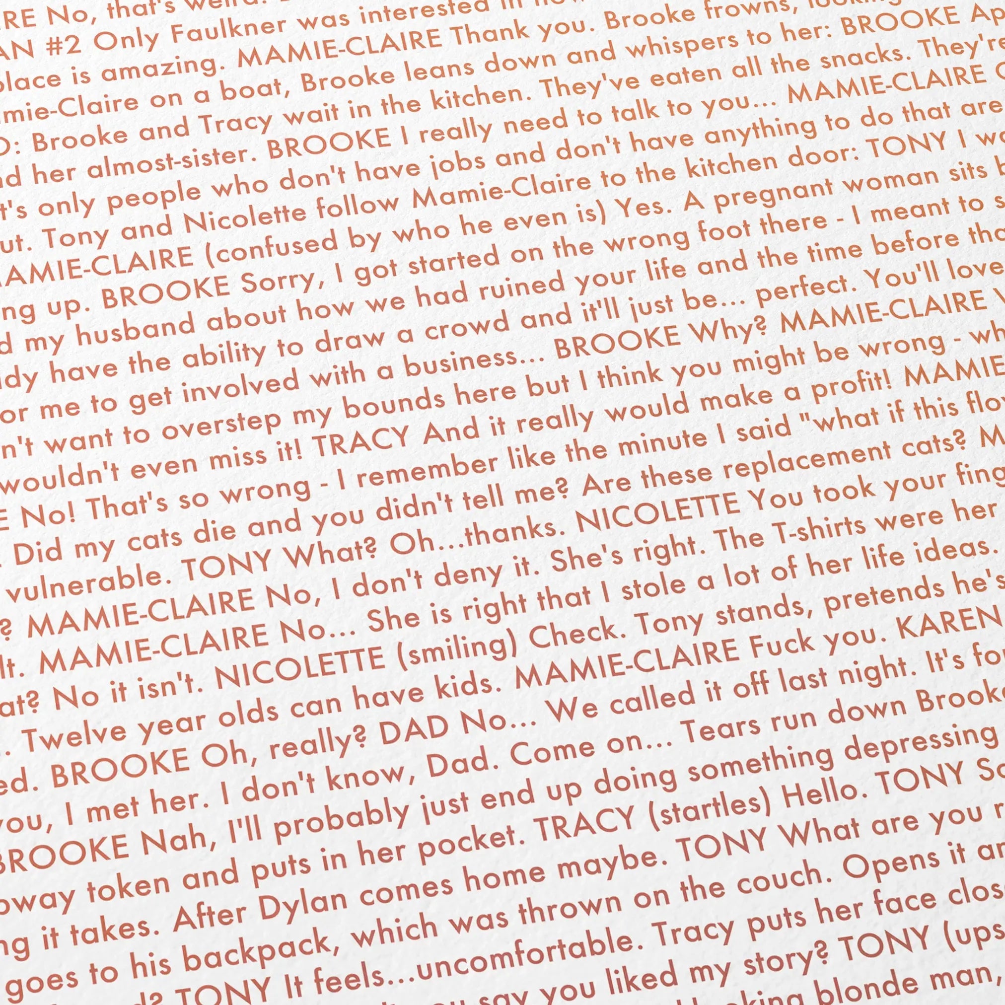 Close-up detail of the Mistress America movie script poster showing dense typographic text.