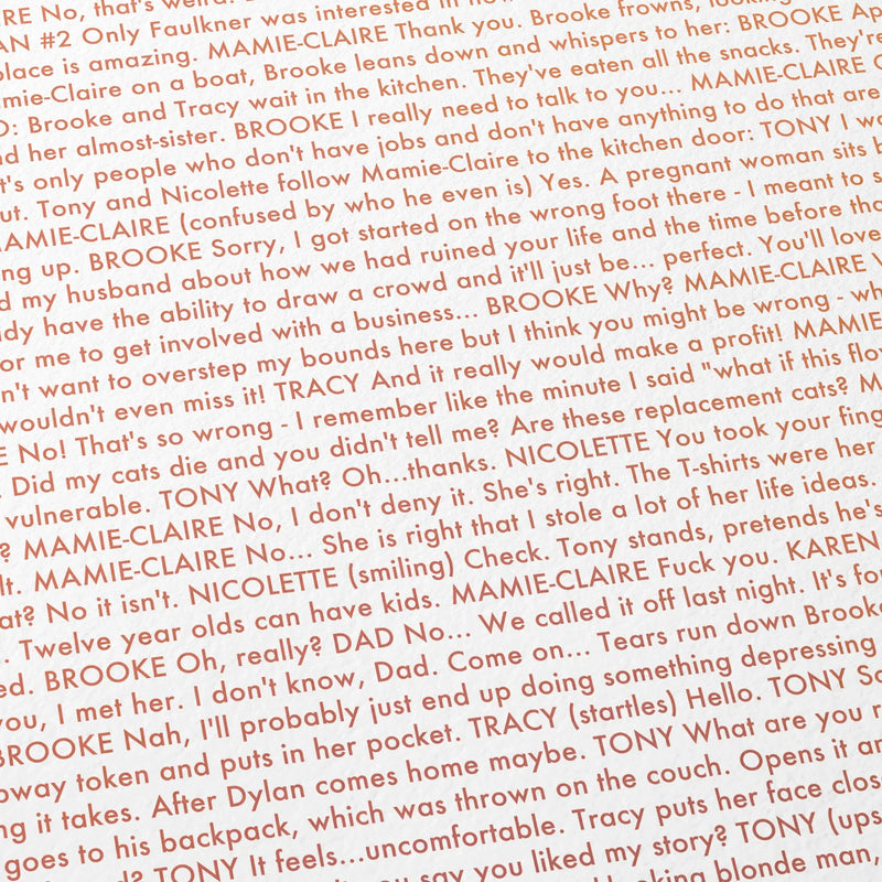 Close-up detail of the Mistress America movie script poster showing dense typographic text.