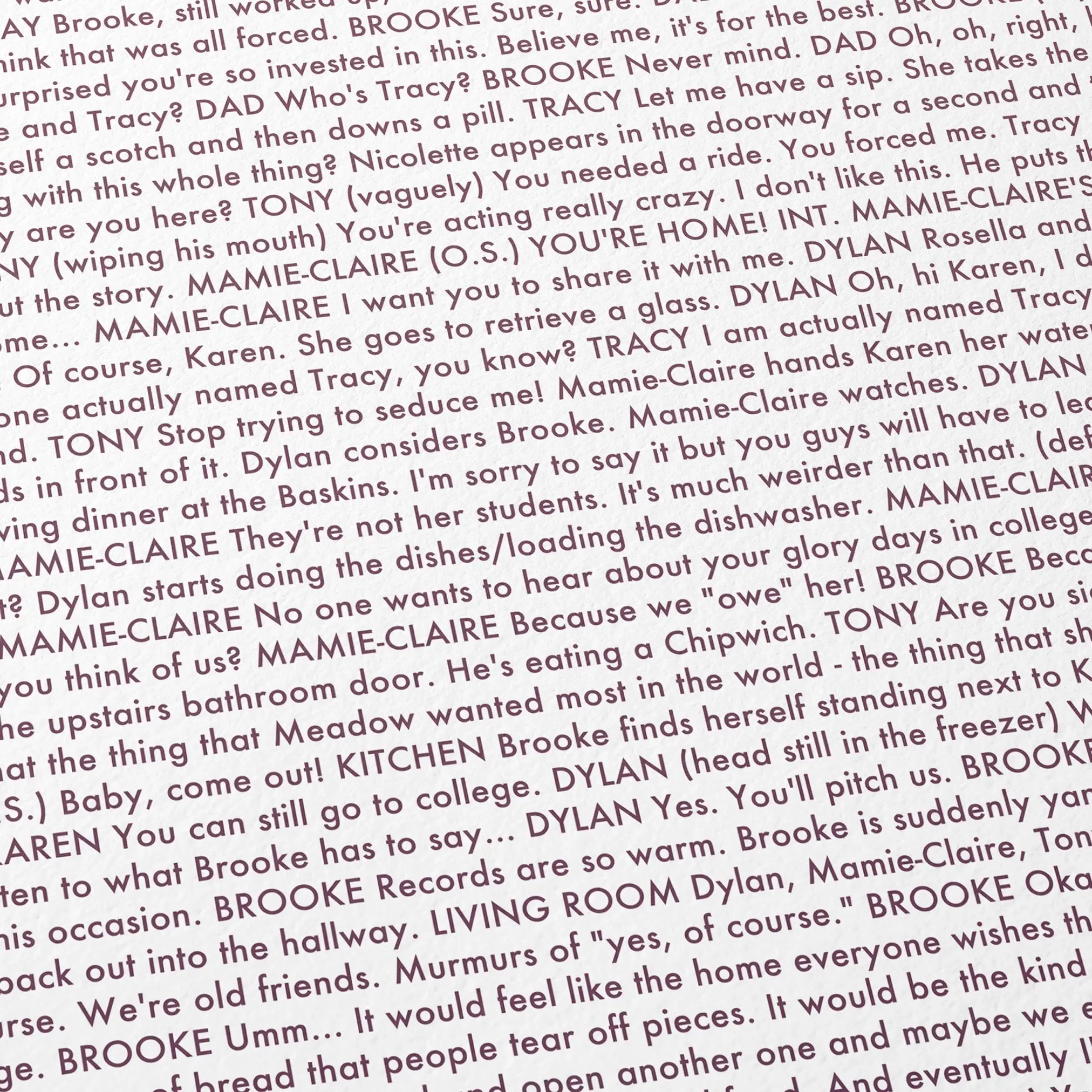 Close-up detail of the Mistress America movie script poster showing dense typographic text.