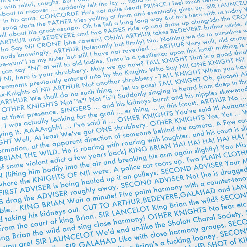 Close-up detail of the Monty Python and the Holy Grail movie script poster showing dense typographic text.