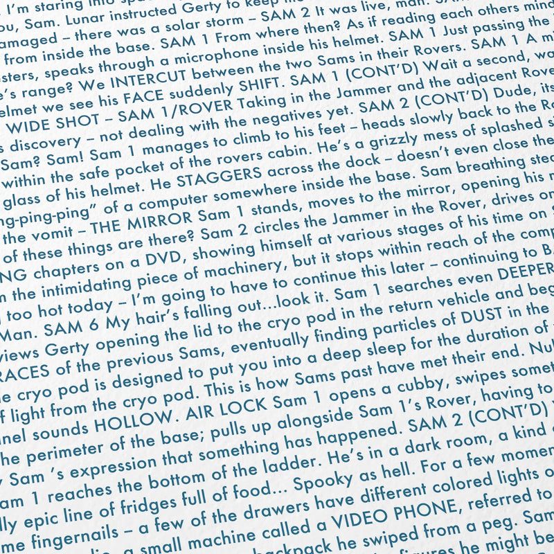Close-up detail of the Moon movie script poster showing dense typographic text.