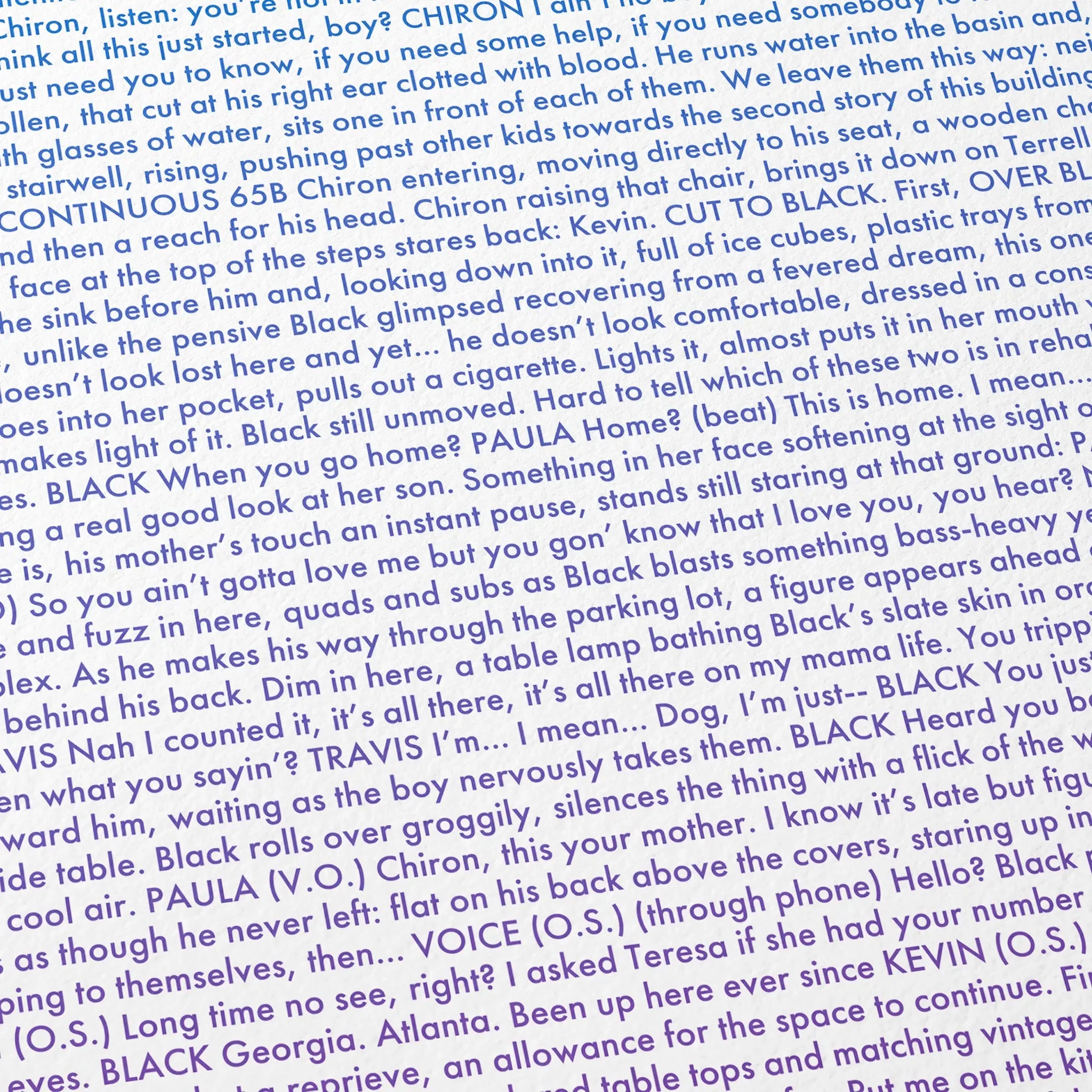 Close-up detail of the Moonlight movie script poster showing dense typographic text.
