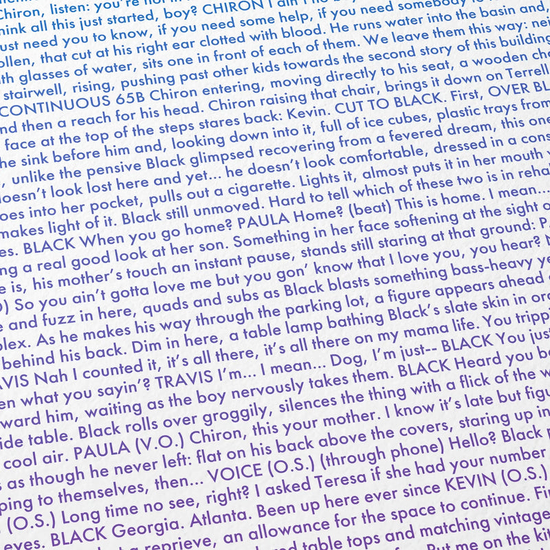 Close-up detail of the Moonlight movie script poster showing dense typographic text.