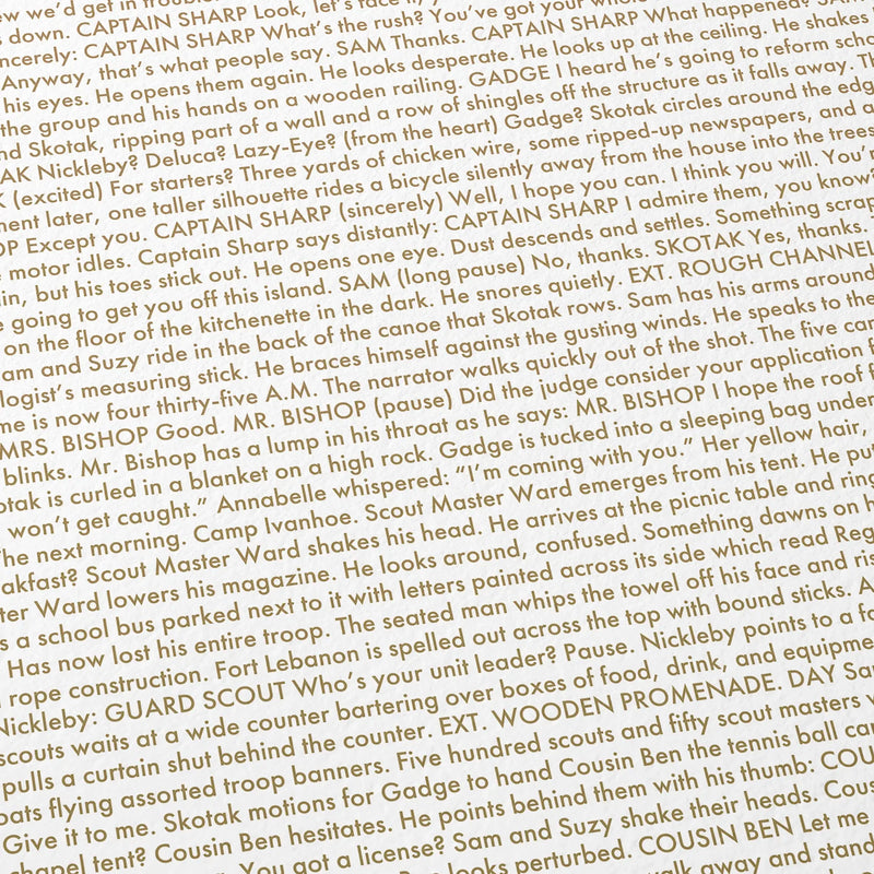 Close-up detail of the Moonrise Kingdom movie script poster showing dense typographic text.