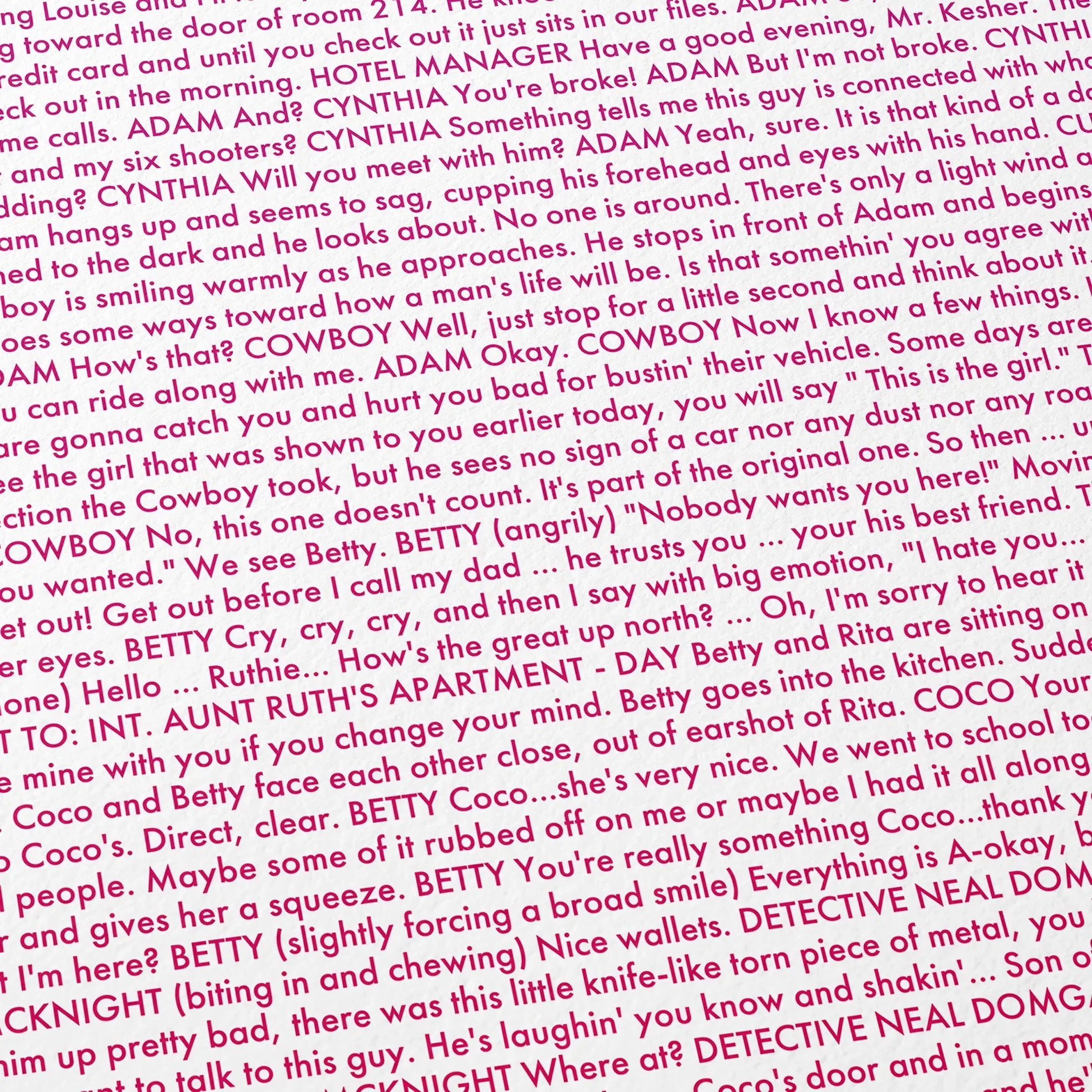 Close-up detail of the Mulholland Drive movie script poster showing dense typographic text.