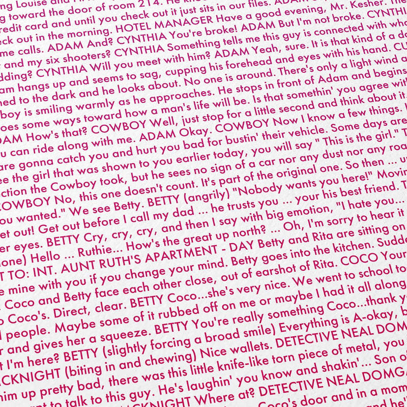Close-up detail of the Mulholland Drive movie script poster showing dense typographic text.