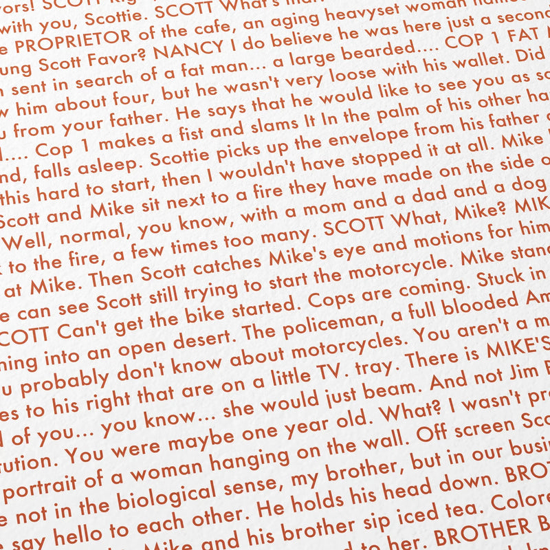 Close-up detail of the My Own Private Idaho movie script poster showing dense typographic text.