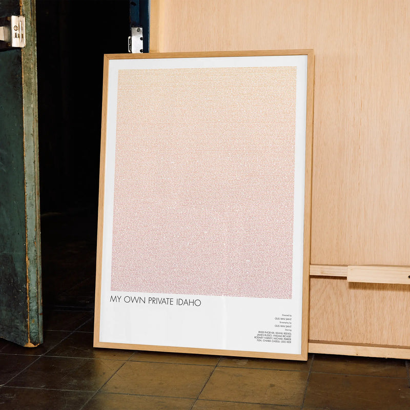 A framed My Own Private Idaho movie script poster displayed in a contemporary interior setting.