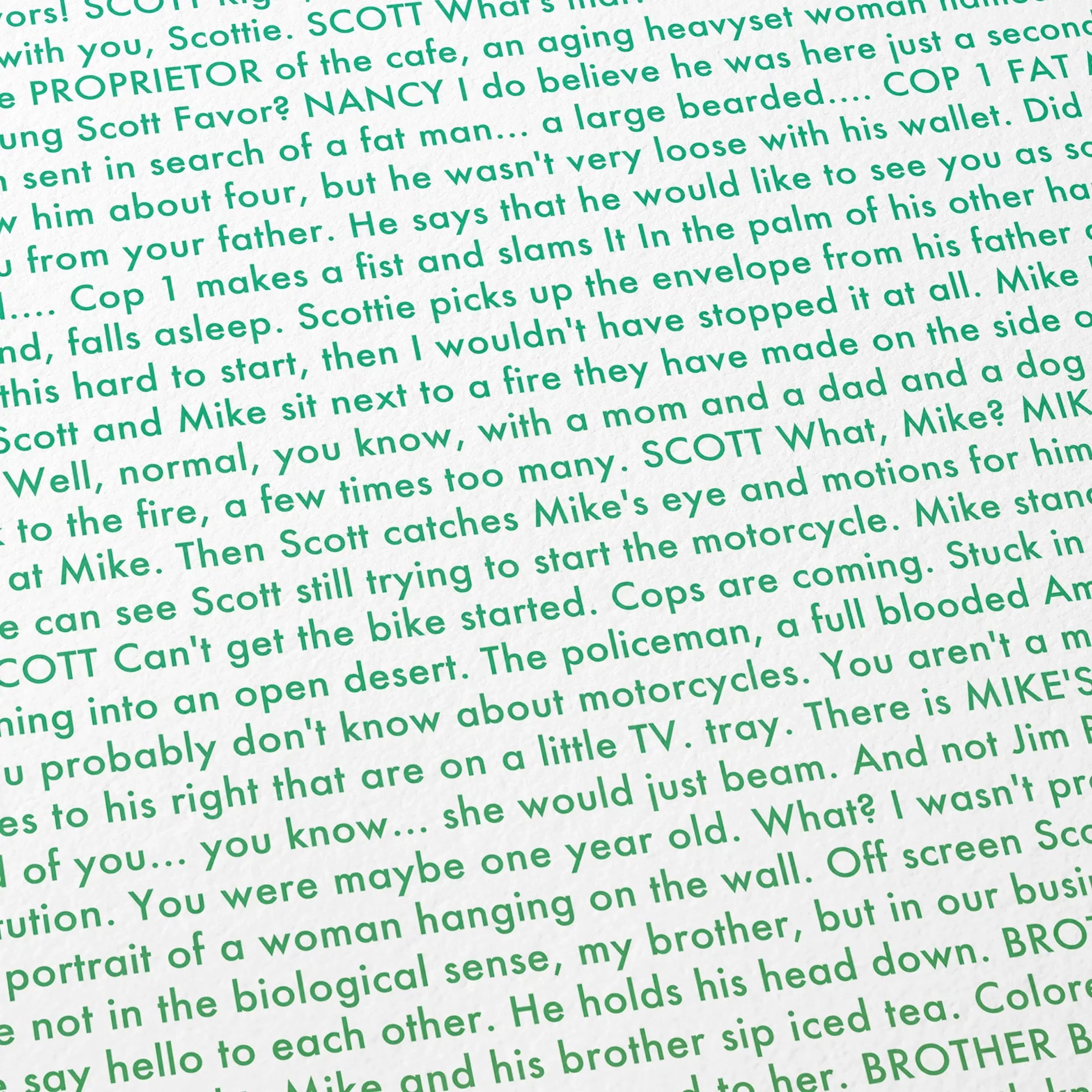 Close-up detail of the My Own Private Idaho movie script poster showing dense typographic text.