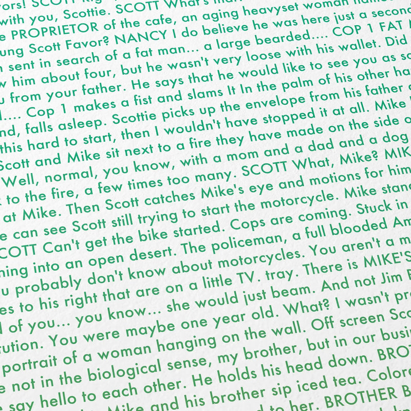 Close-up detail of the My Own Private Idaho movie script poster showing dense typographic text.