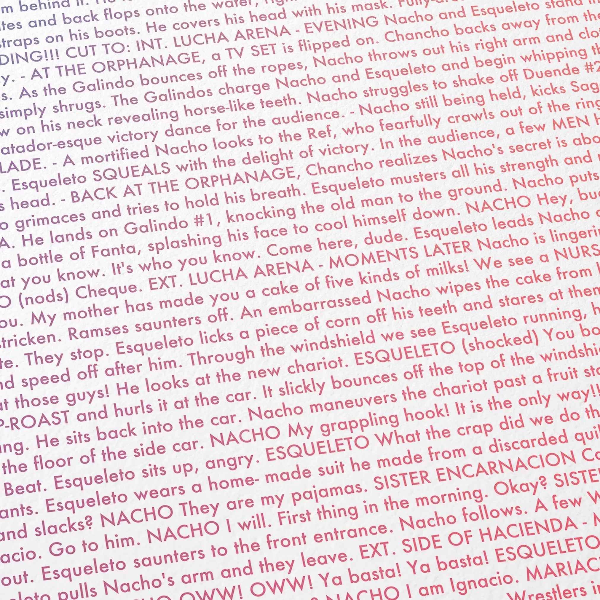 Close-up detail of the Nacho Libre movie script poster showing dense typographic text.