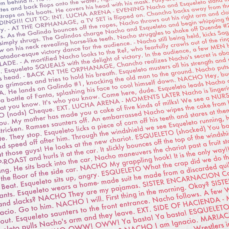 Close-up detail of the Nacho Libre movie script poster showing dense typographic text.