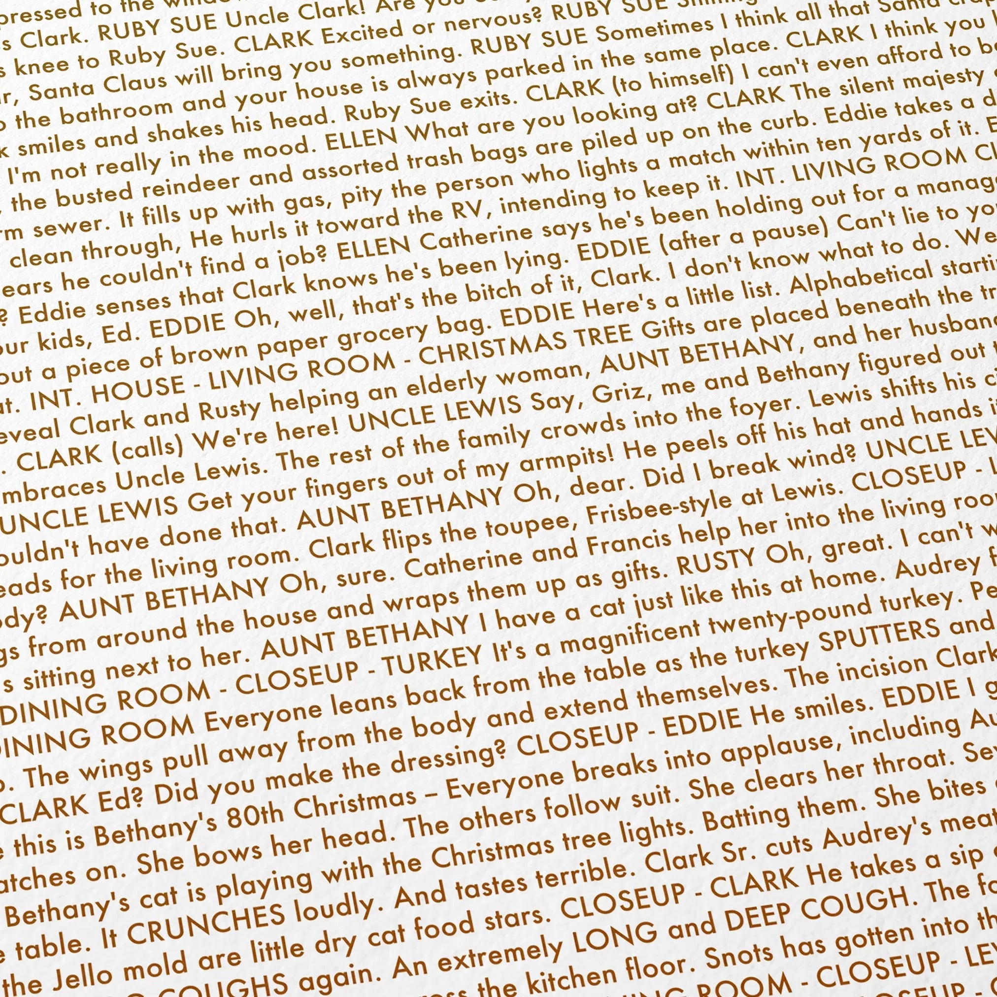 Close-up detail of the National Lampoon's Christmas Vacation movie script poster showing dense typographic text.