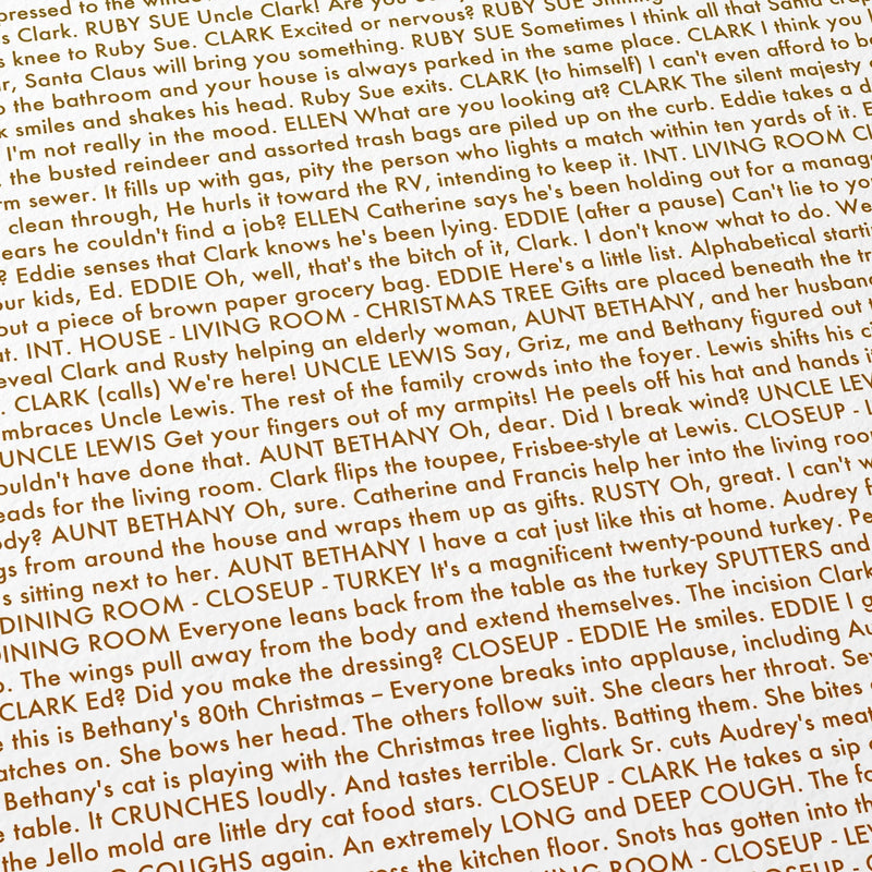 Close-up detail of the National Lampoon's Christmas Vacation movie script poster showing dense typographic text.