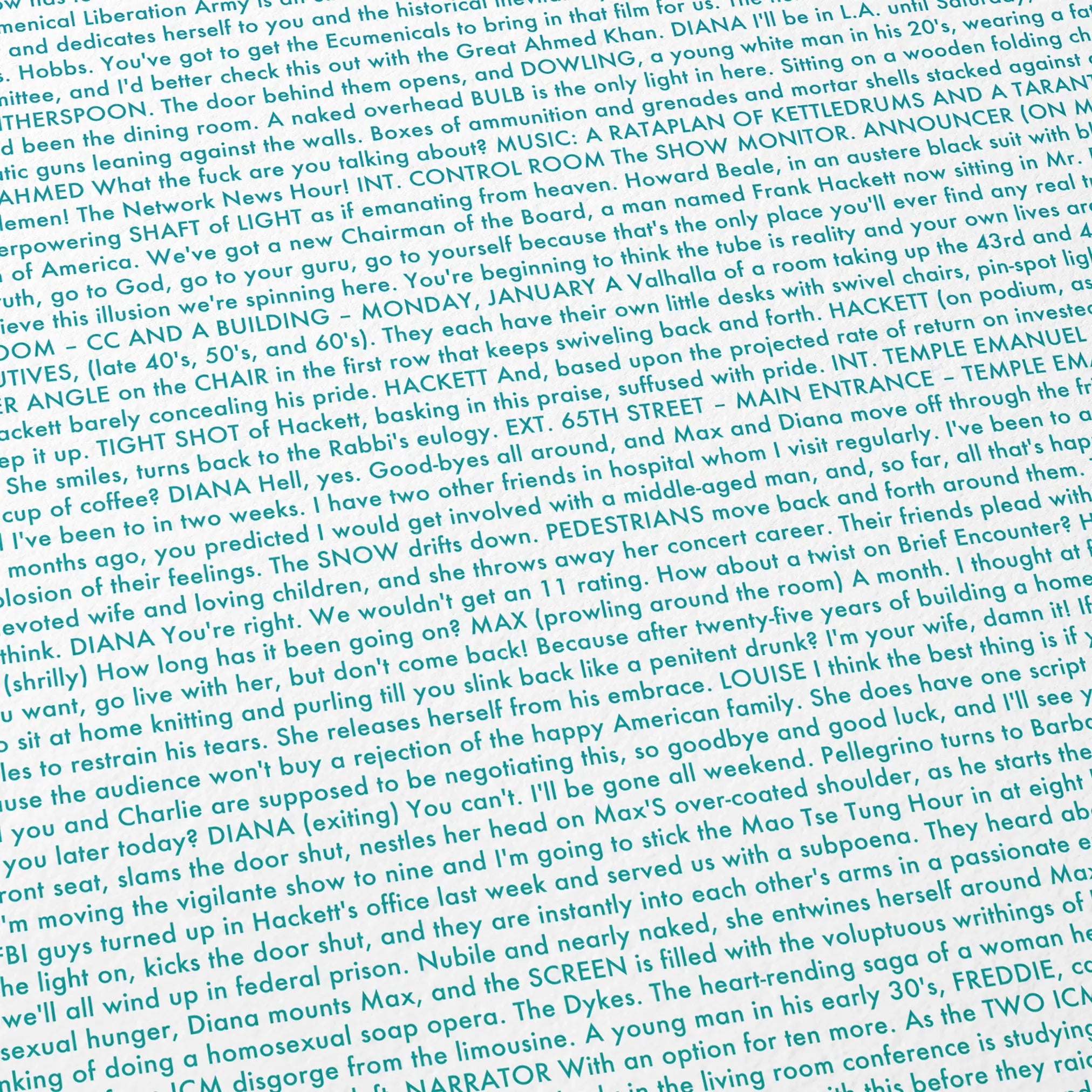 Close-up detail of the Network movie script poster showing dense typographic text.