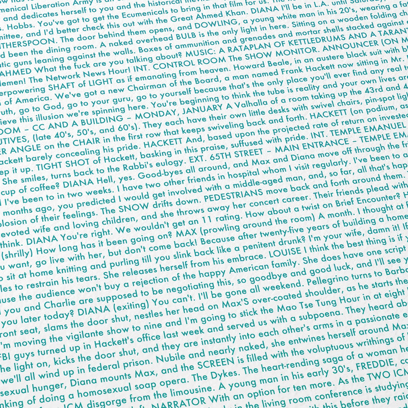 Close-up detail of the Network movie script poster showing dense typographic text.