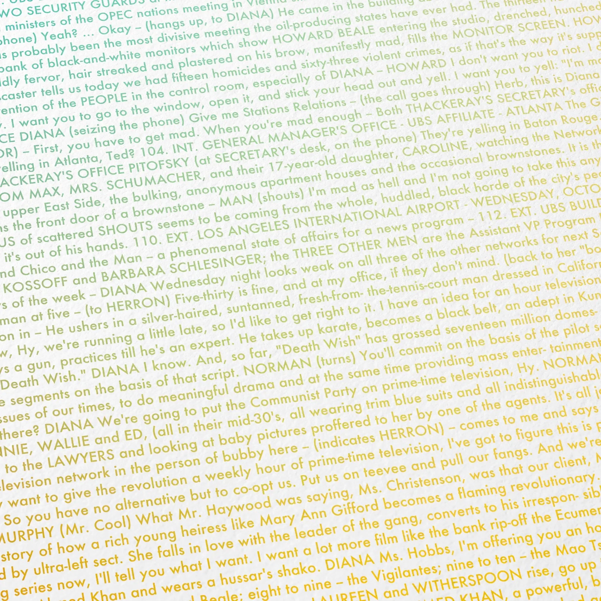 Close-up detail of the Network movie script poster showing dense typographic text.