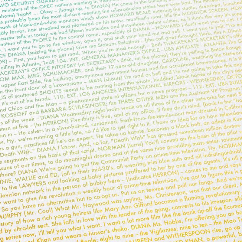Close-up detail of the Network movie script poster showing dense typographic text.