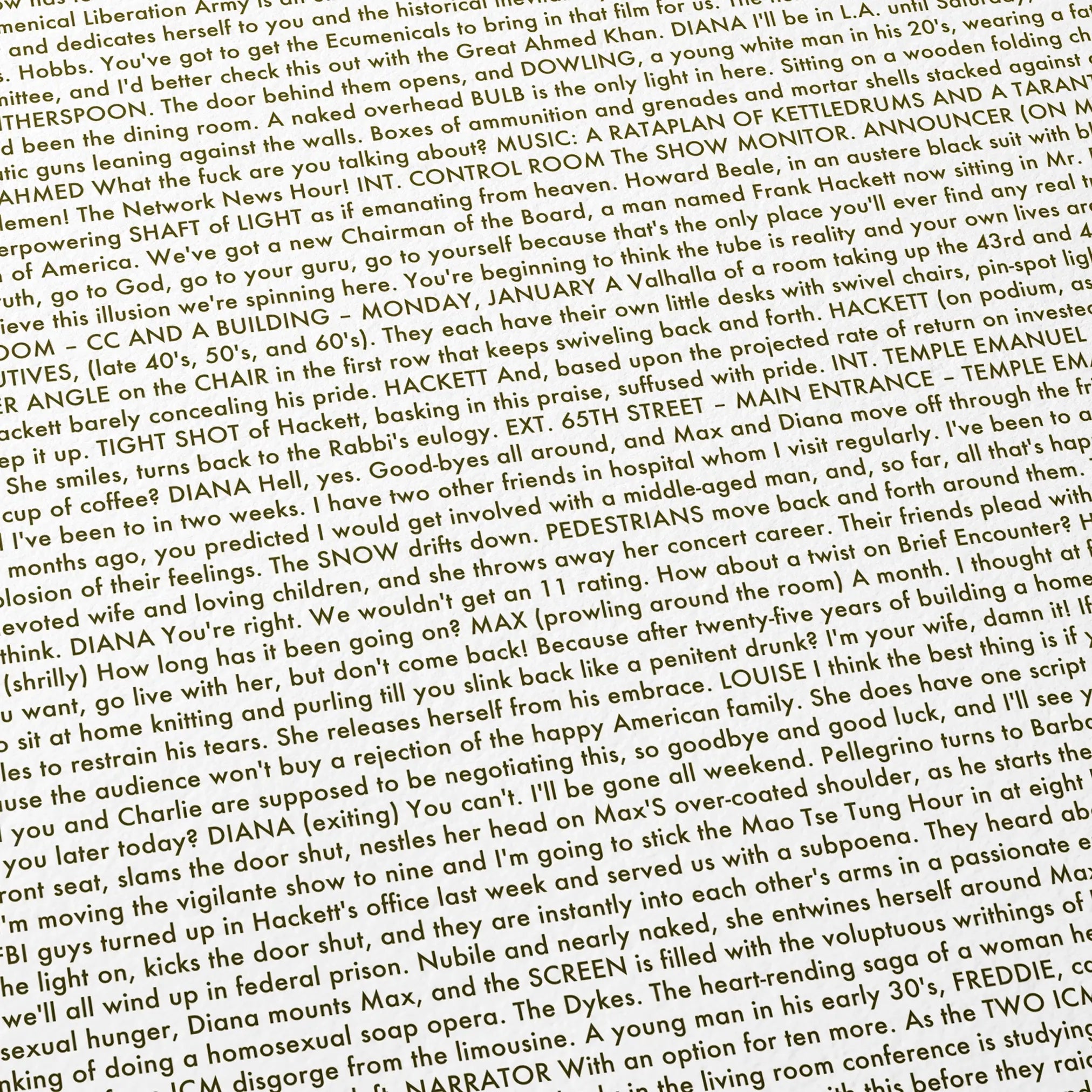 Close-up detail of the Network movie script poster showing dense typographic text.