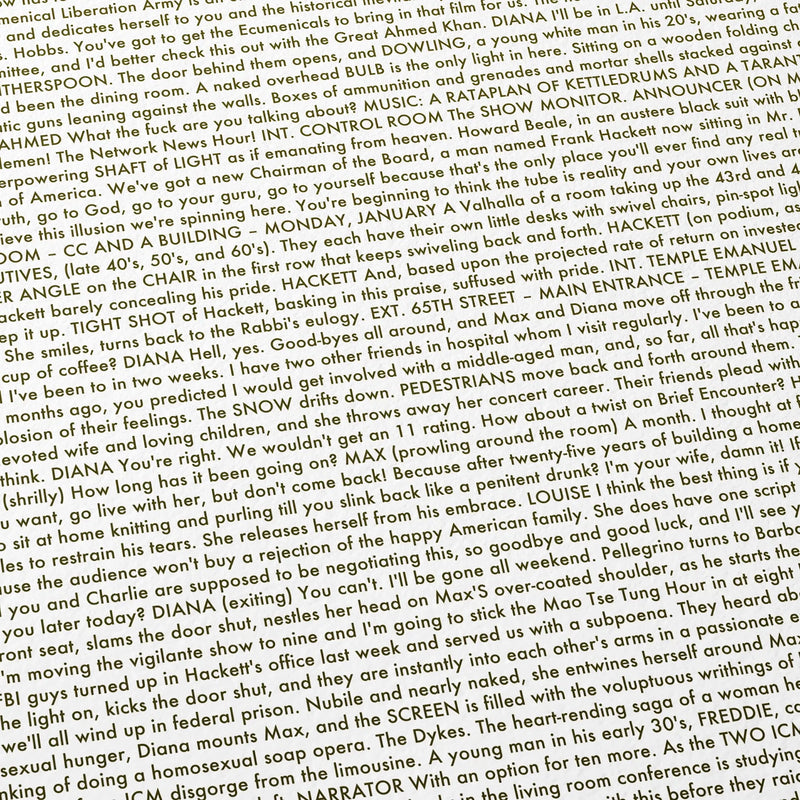Close-up detail of the Network movie script poster showing dense typographic text.
