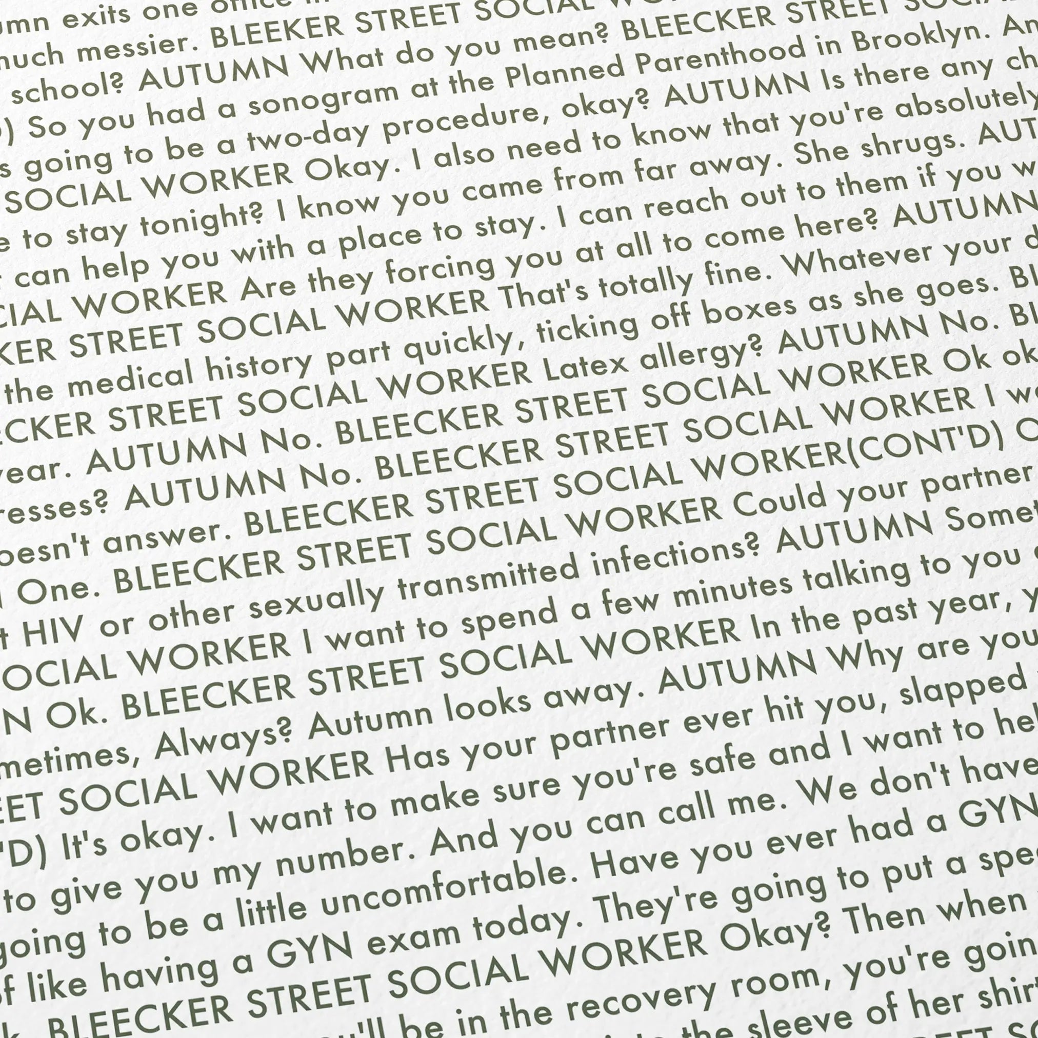 Close-up detail of the Never Rarely Sometimes Always movie script poster showing dense typographic text.
