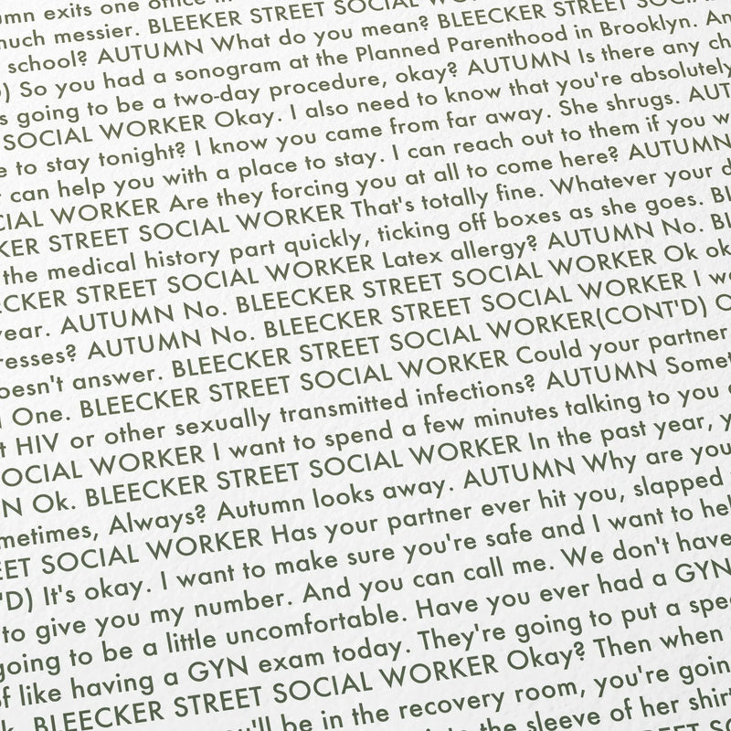 Close-up detail of the Never Rarely Sometimes Always movie script poster showing dense typographic text.