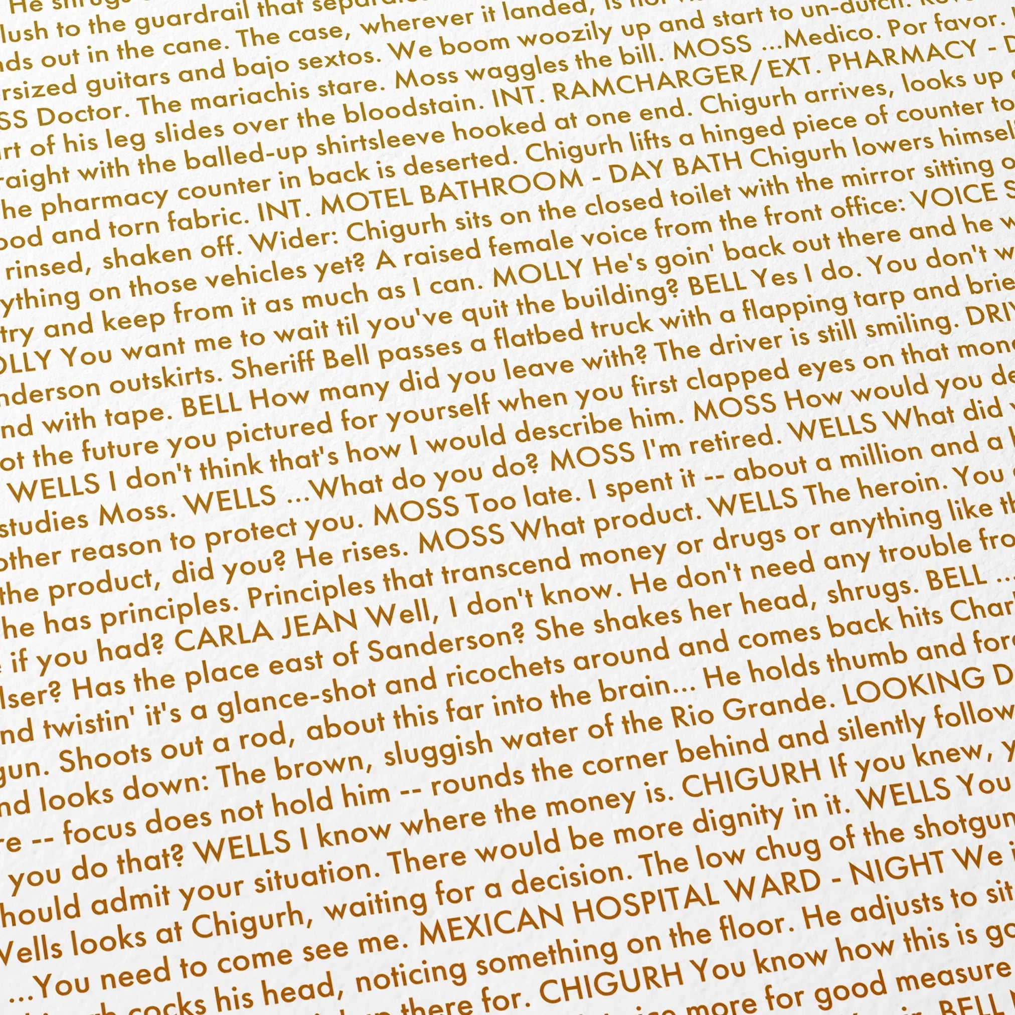 Close-up detail of the No Country for Old Men movie script poster showing dense typographic text.