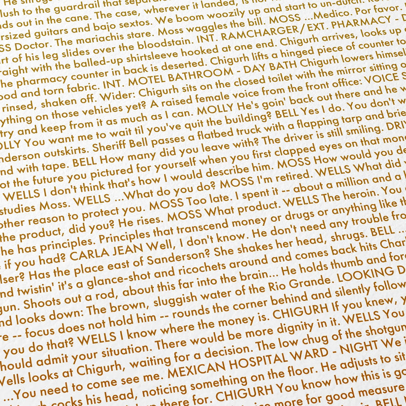 Close-up detail of the No Country for Old Men movie script poster showing dense typographic text.