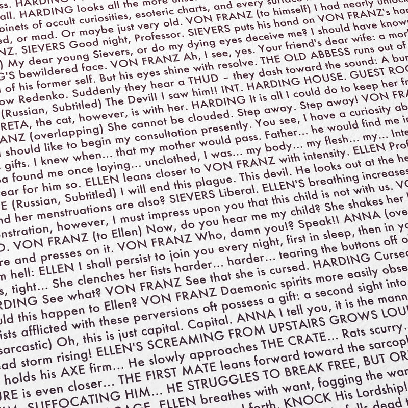 Close-up detail of the Nosferatu movie script poster showing dense typographic text.