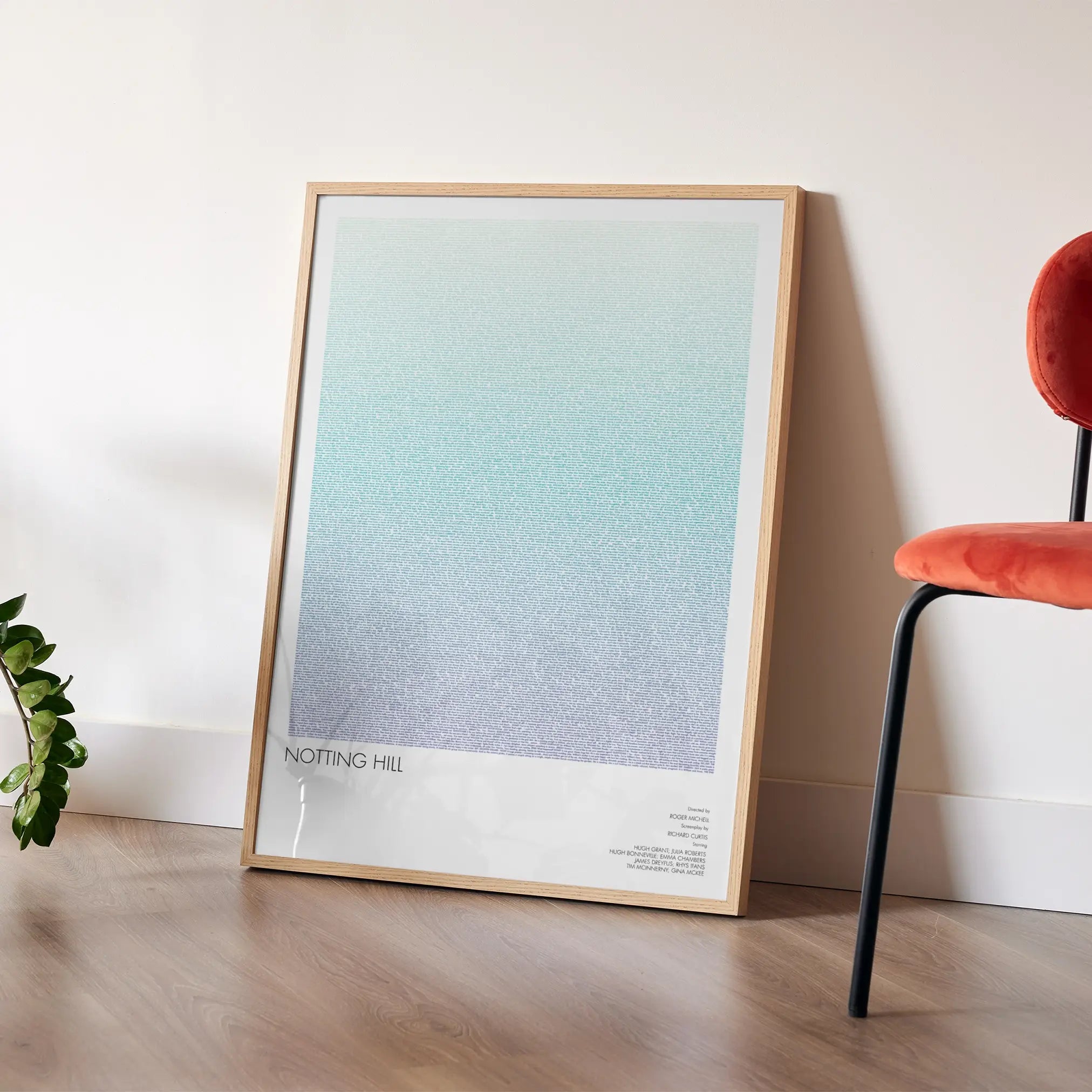 A framed Notting Hill movie script poster placed in a bright interior environment.