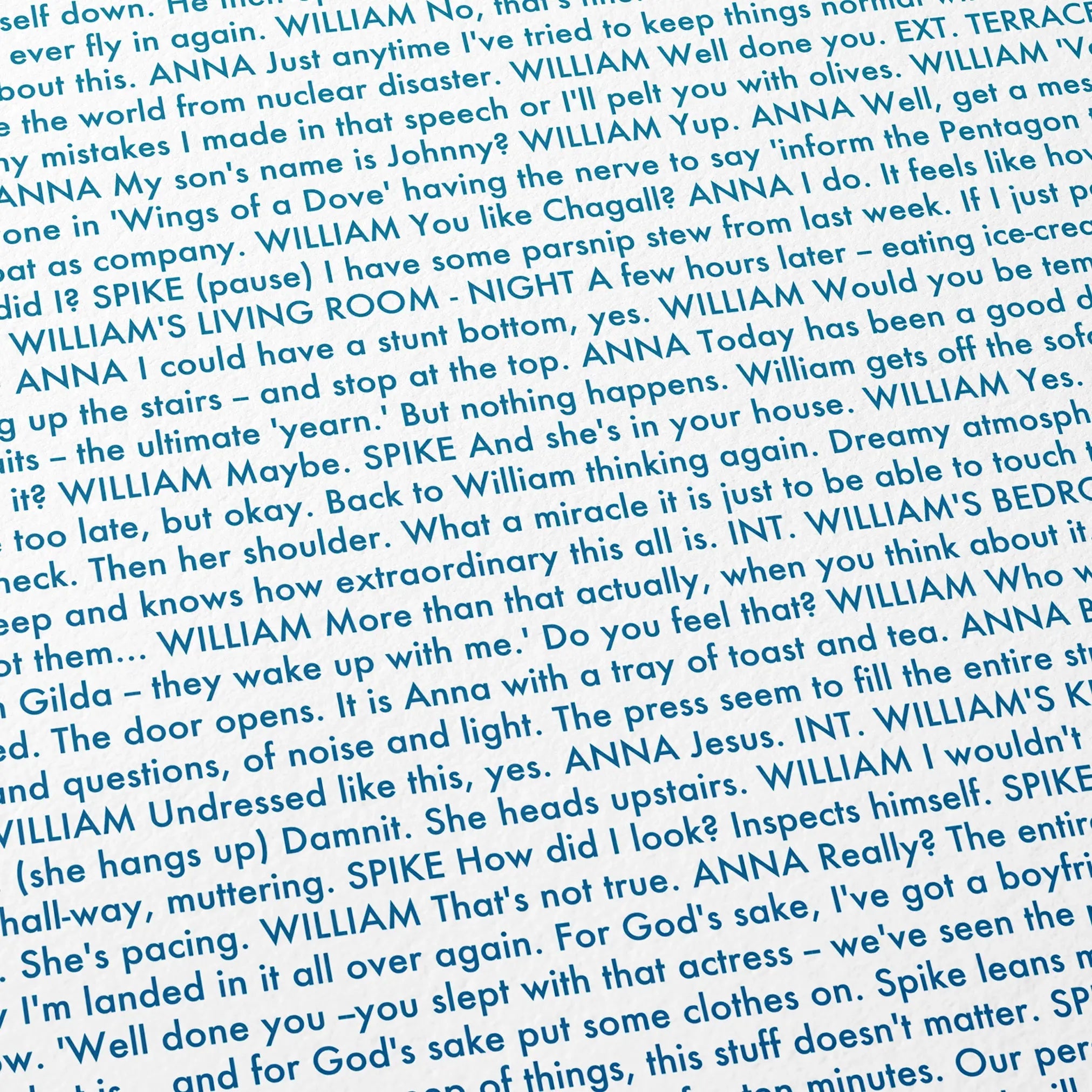 Close-up detail of the Notting Hill movie script poster showing dense typographic text.