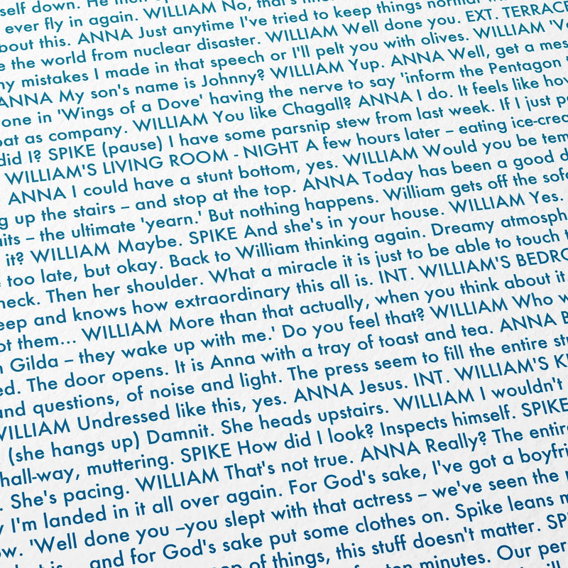 Close-up detail of the Notting Hill movie script poster showing dense typographic text.