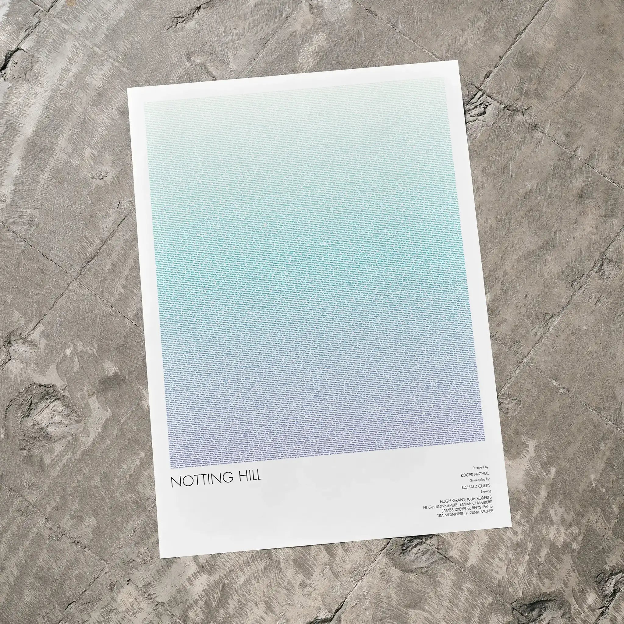 A Notting Hill movie script poster laid flat on a textured floor surface.