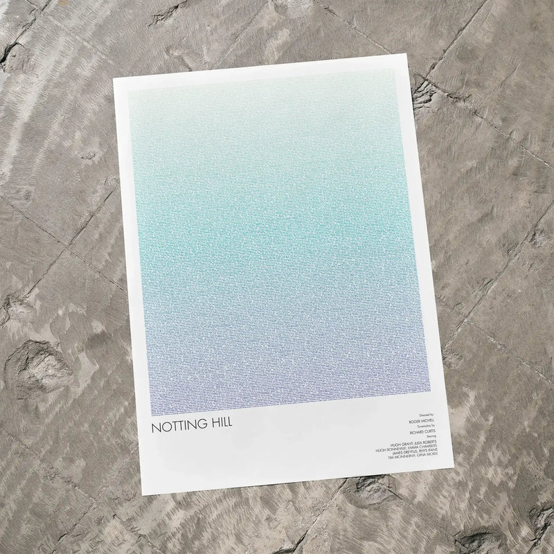 A Notting Hill movie script poster laid flat on a textured floor surface.